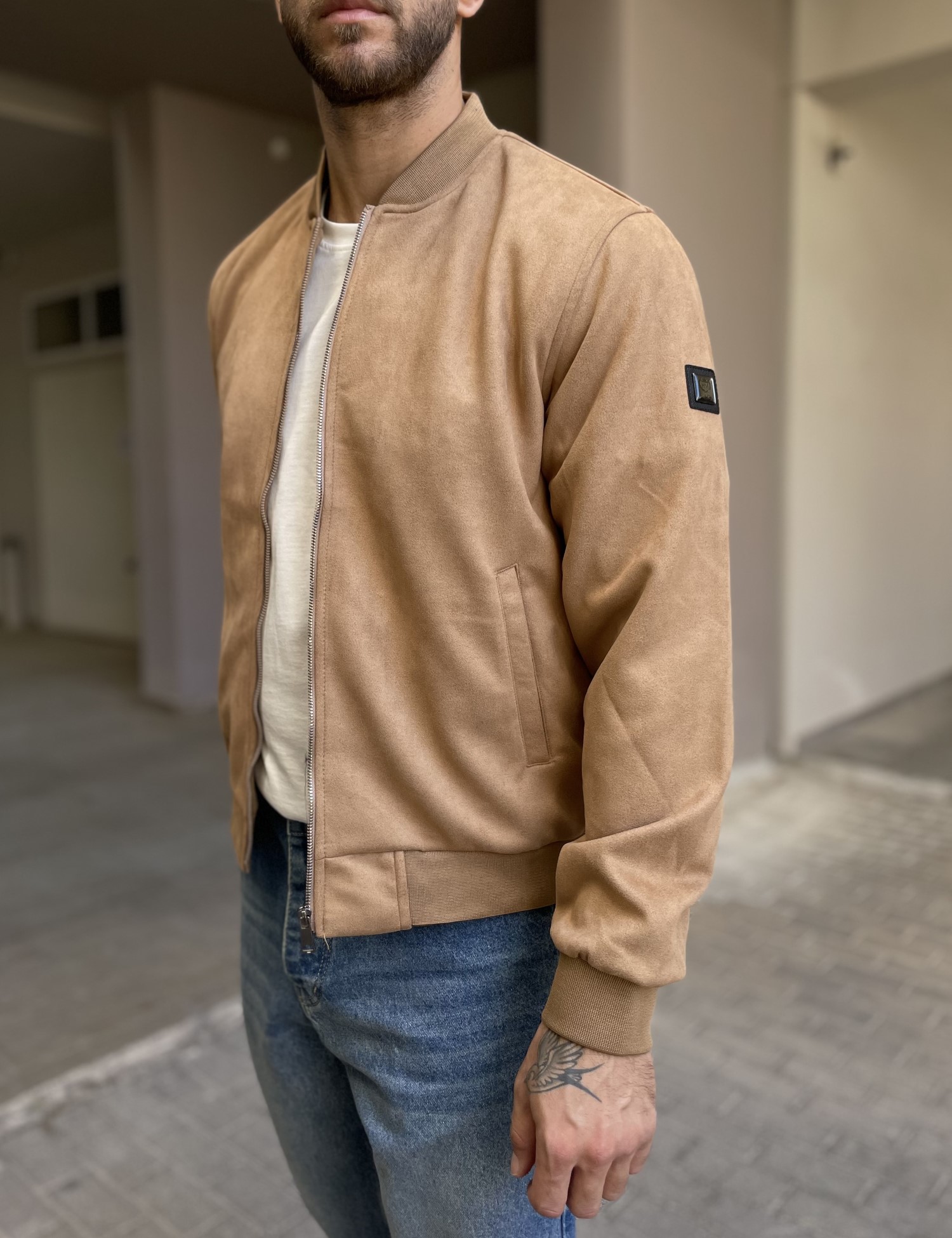 Ανδρικό κάμελ σουέτ μπουφάν Bomber HM264049B φωτογραφία